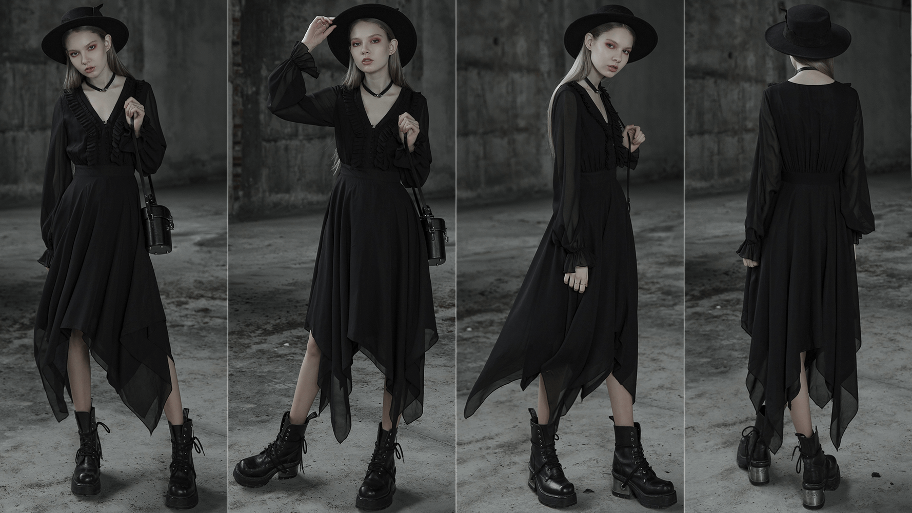 Elegant black chiffon dress with asymmetrical hem worn by model in stylish boots and hat, showcasing layered dimensions.