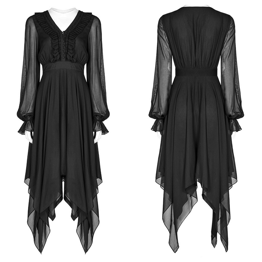 Women's black chiffon dress with asymmetrical layered hem and ruffled neckline, showcasing elegant Gothic details.