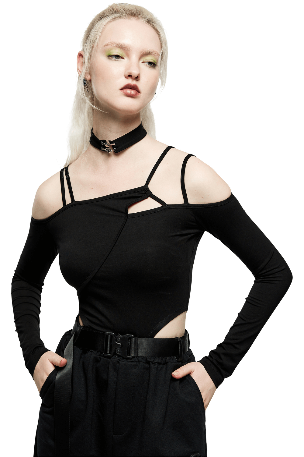 Edgy black choker neck bodysuit with asymmetric long sleeves and unique cut-out design for a stylish look.