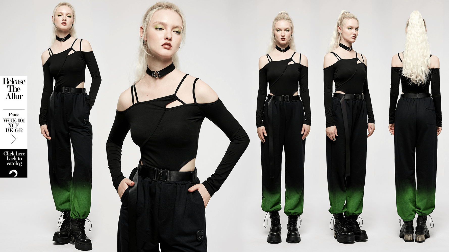 Model showcasing a black asymmetric long-sleeve bodysuit with choker neck, paired with stylish black and green pants.