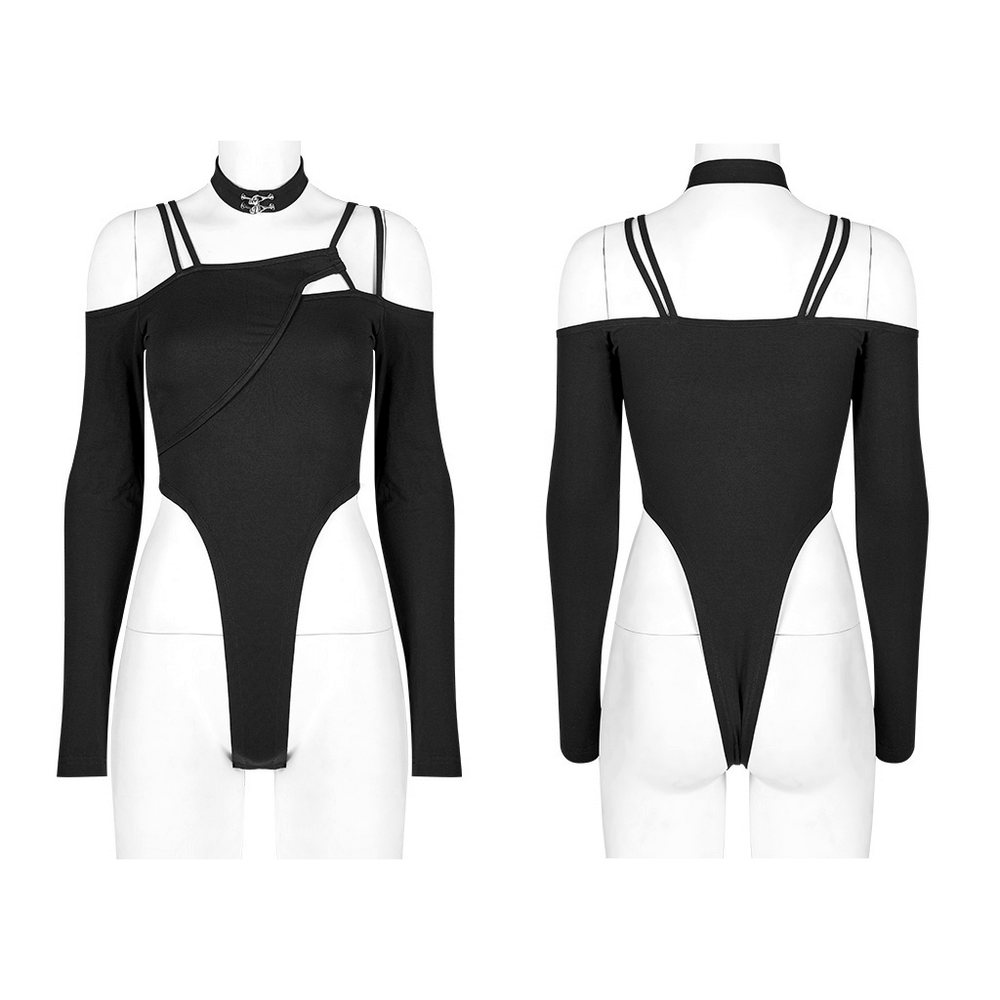 Edgy black choker neck bodysuit featuring asymmetric long sleeves and unique 3D cut for bold fashion.
