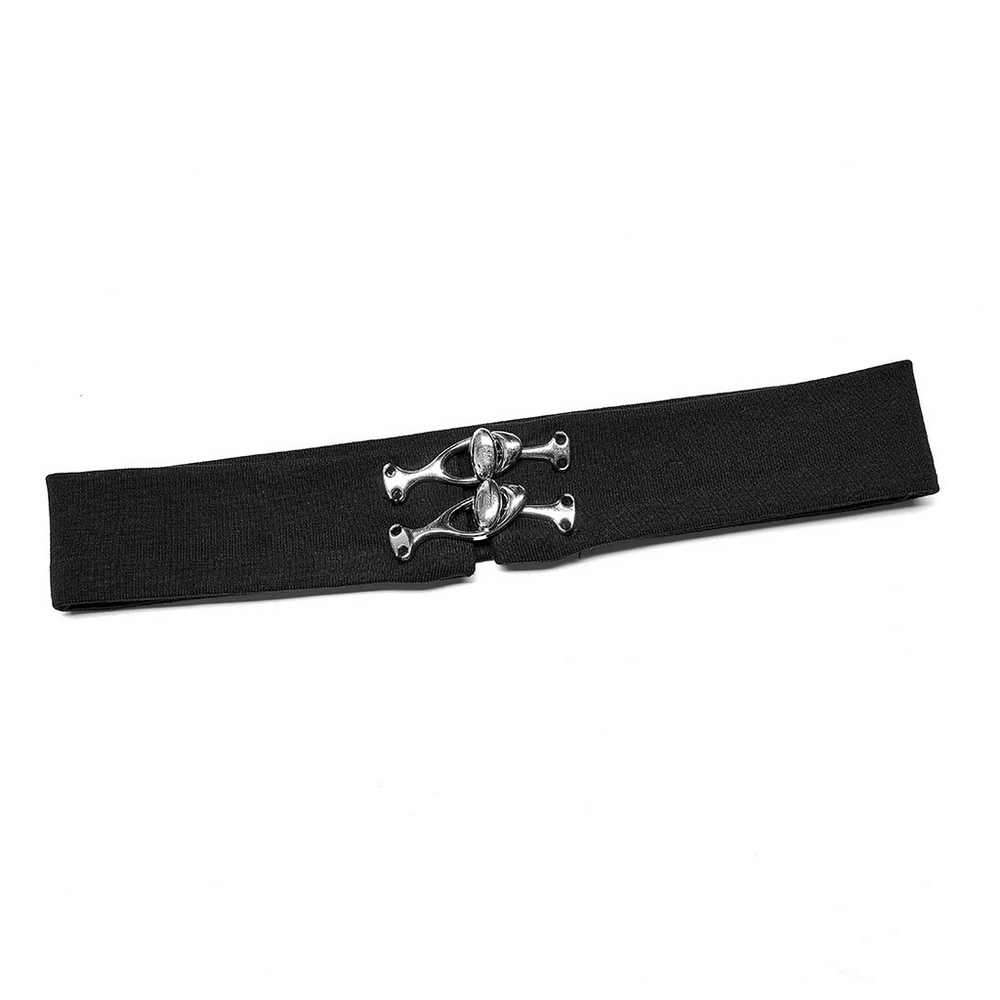 Black elastic belt with decorative silver clasp design for fashionable outfits.
