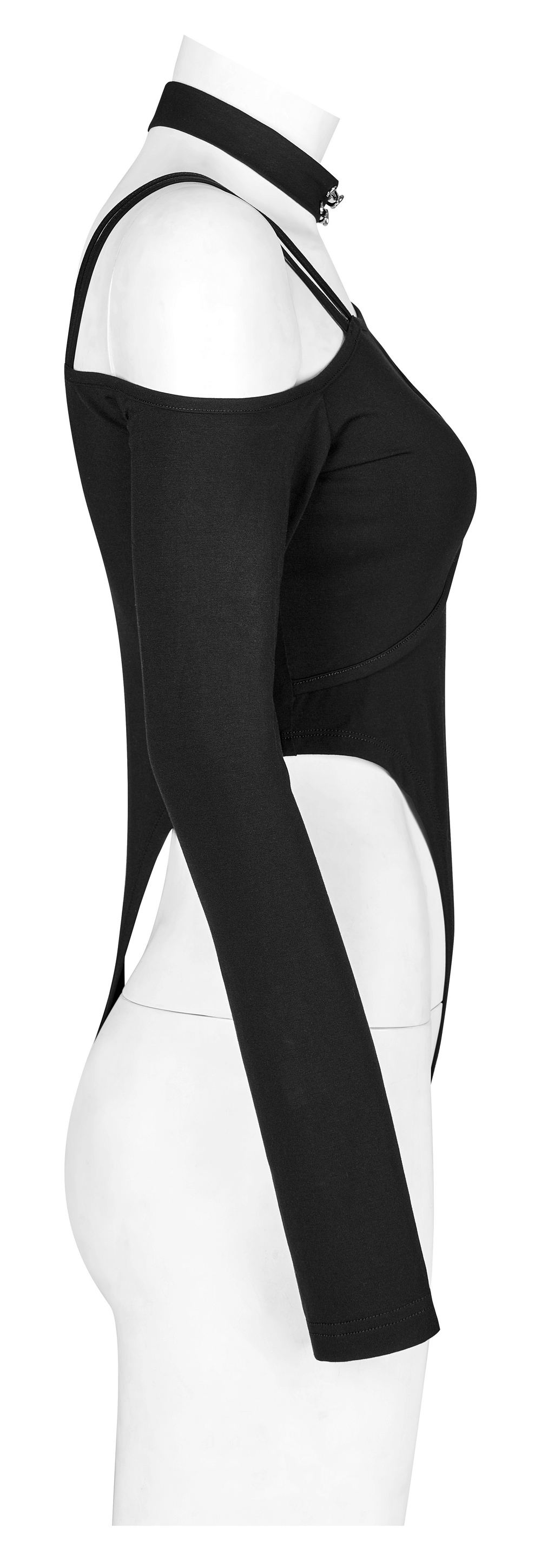 Side view of black choker neck asymmetric long sleeve bodysuit showcasing edgy design and unique cut.