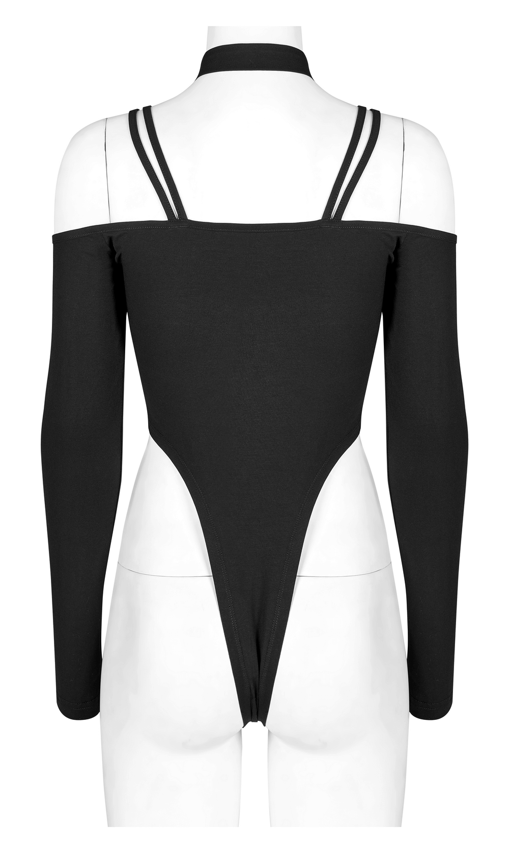 Back view of black choker neck bodysuit with long sleeves, featuring adjustable straps and a daring cut-out design.