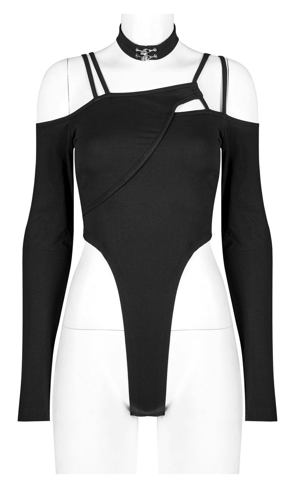 Edgy black long-sleeve bodysuit with choker neck, unique 3D cut, and stylish hollow-out design.