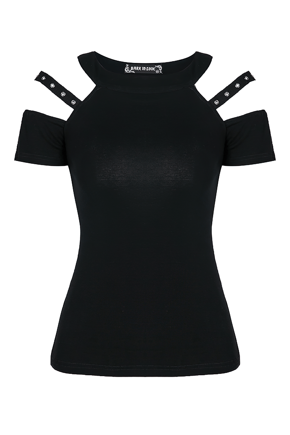 Black cold shoulder gothic top with studded straps, perfect for punk rock outfits and alternative streetwear.