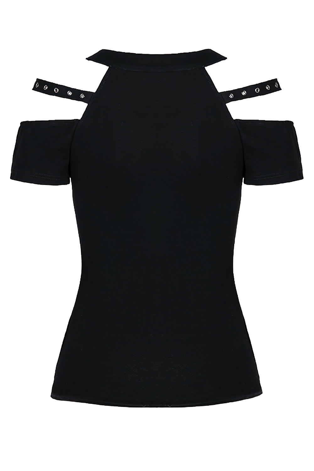 Back view of a black cold shoulder gothic top with studded straps, perfect for punk rock looks.