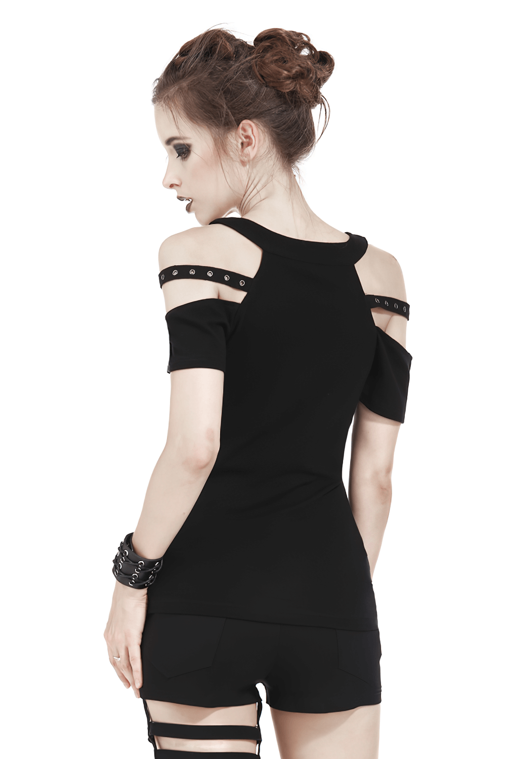 Back view of a black cold shoulder gothic top with studded straps, showcasing a fitted silhouette and edgy design.