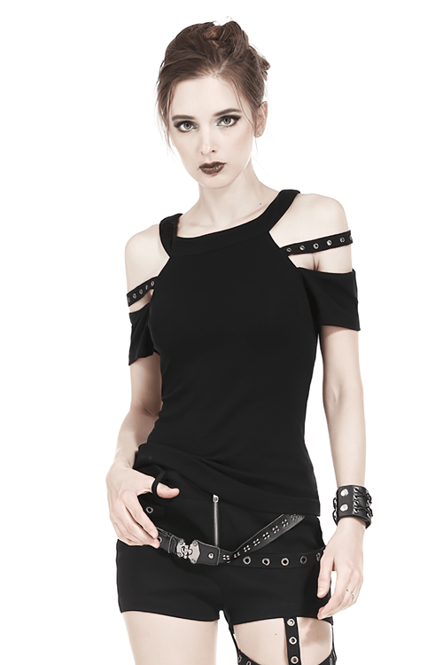 Schwarzes Gothic-Top mit freien Schultern und Nietenriemen