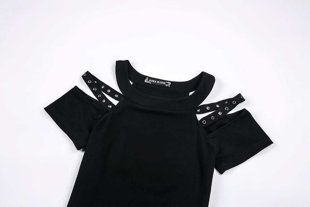 Black cold shoulder gothic top featuring studded straps and cutout design for punk rock style.