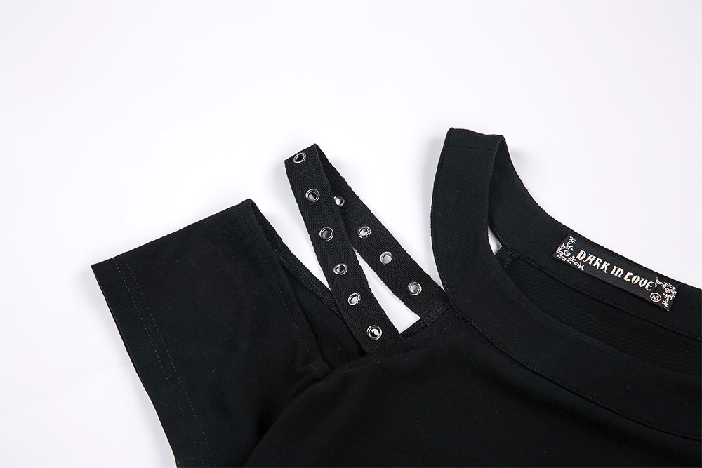 Black gothic top showcasing studded straps and cold shoulder design for punk rock style.