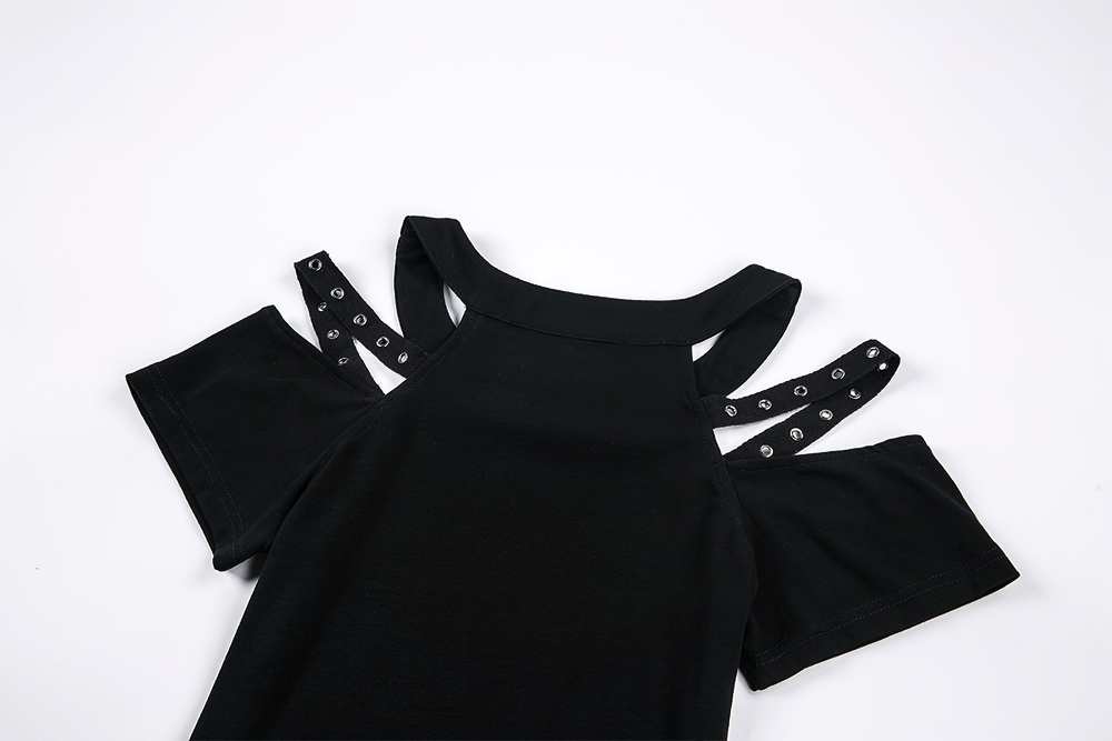 Black cold shoulder top with studded straps and cutout design, perfect for gothic and punk fashion.