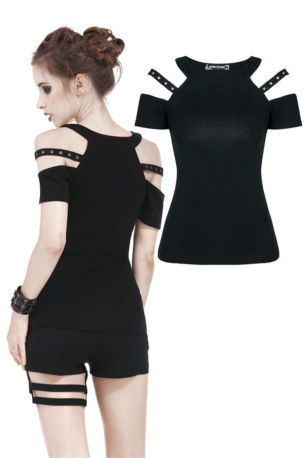 Black cold shoulder gothic top with studded straps, cutout design for punk rock outfits and alternative streetwear.