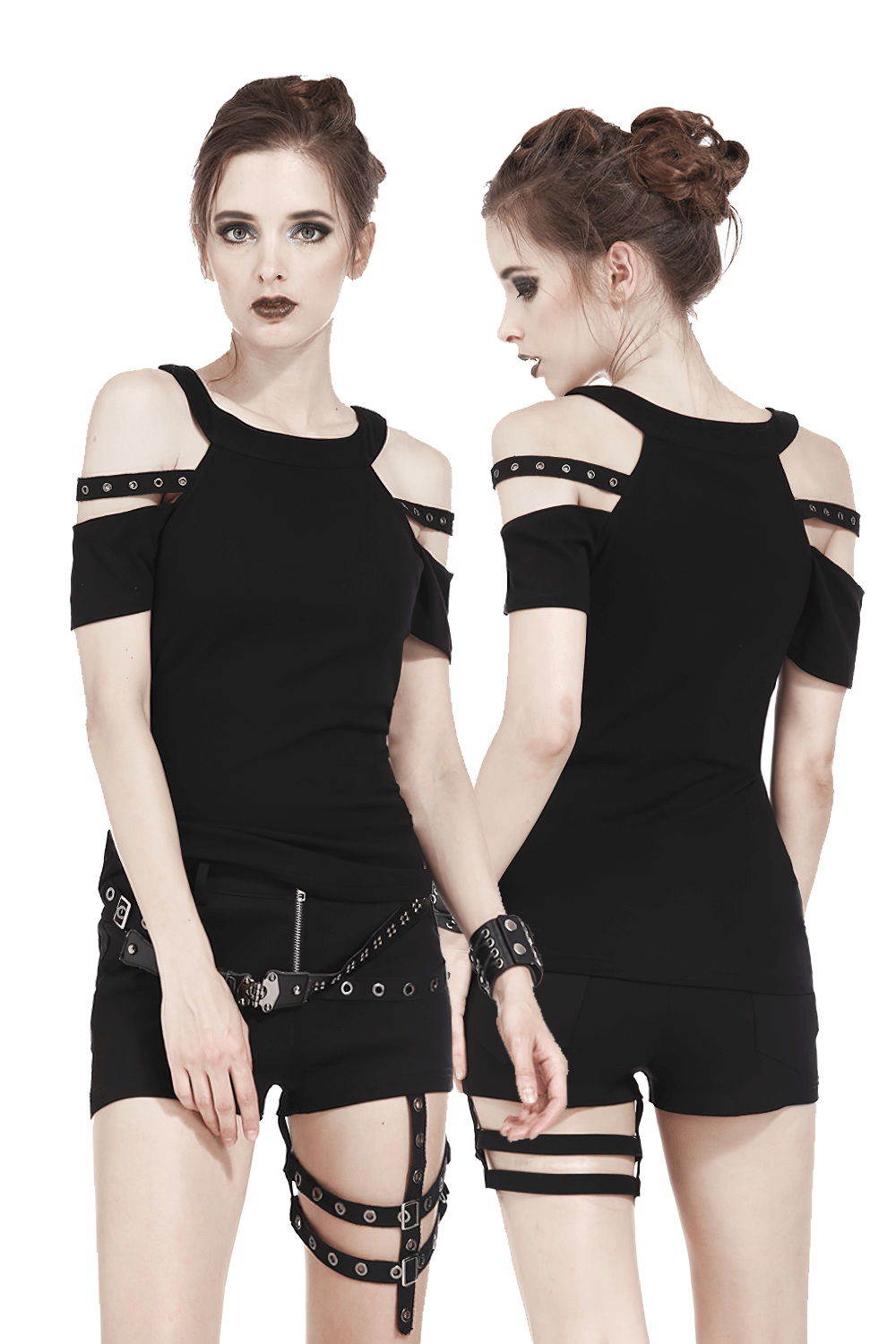 Black cold shoulder gothic top with studded straps, perfect for punk rock streetwear outfits.