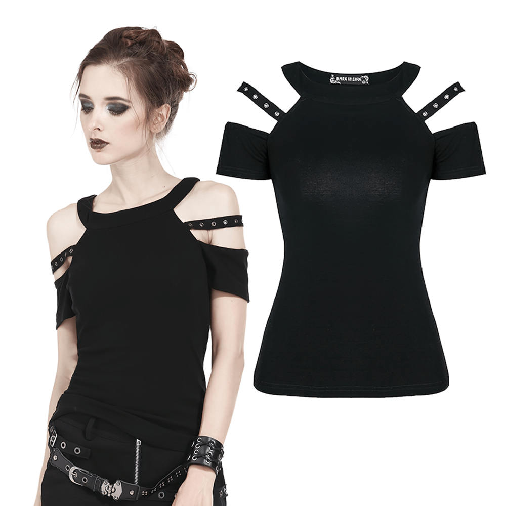 Black cold shoulder gothic top with studded straps, perfect for punk rock and alternative streetwear.