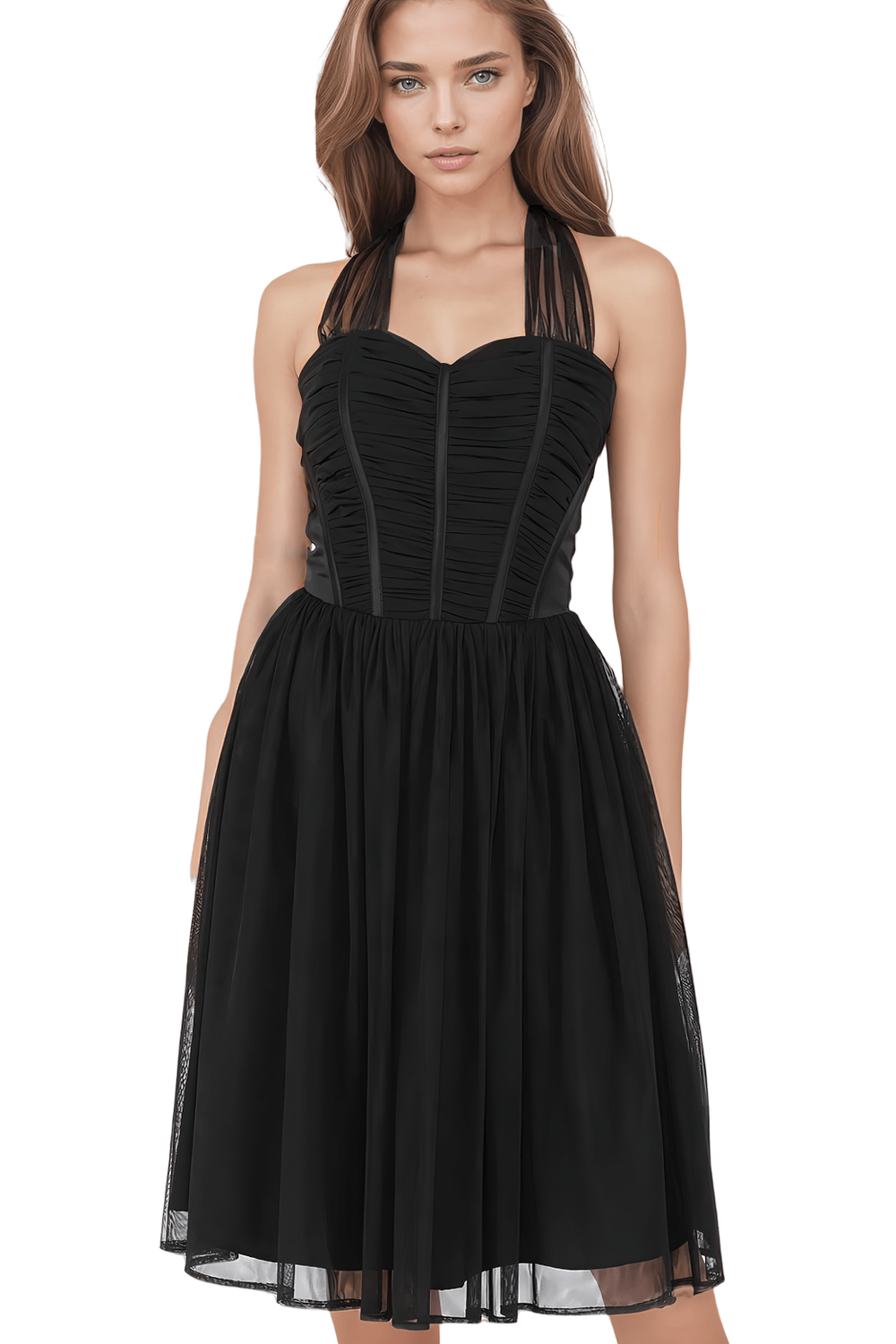 Elegant black corset midi dress featuring a ruched satin bodice and soft net skirt, perfect for evening events.