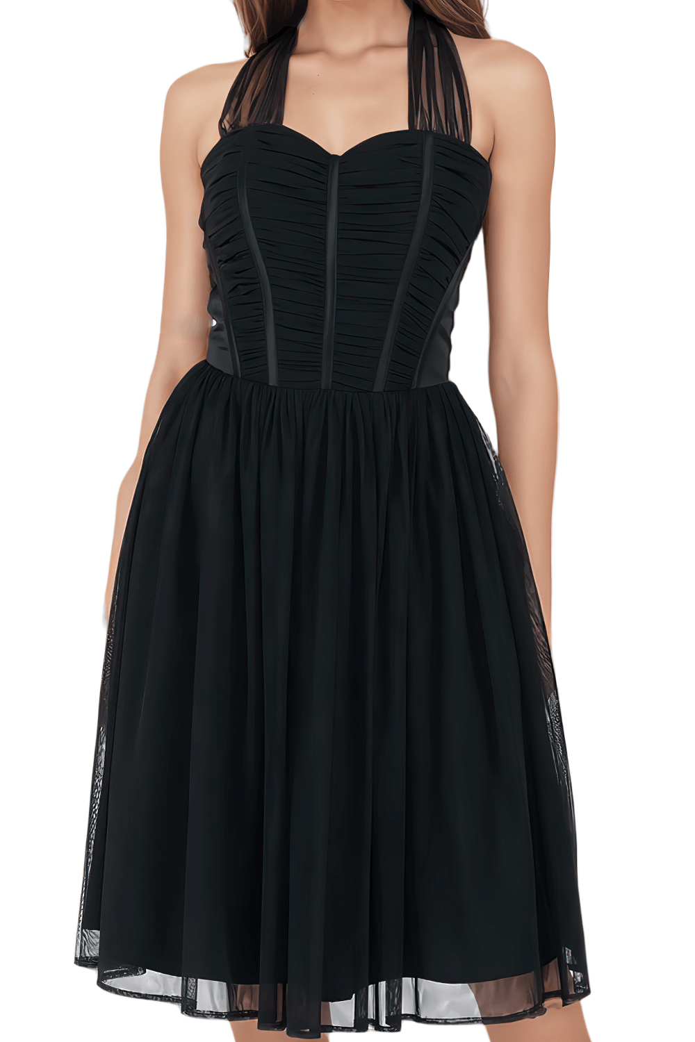 Elegant black corset midi dress with soft net skirt and side zipper, perfect for evening events.