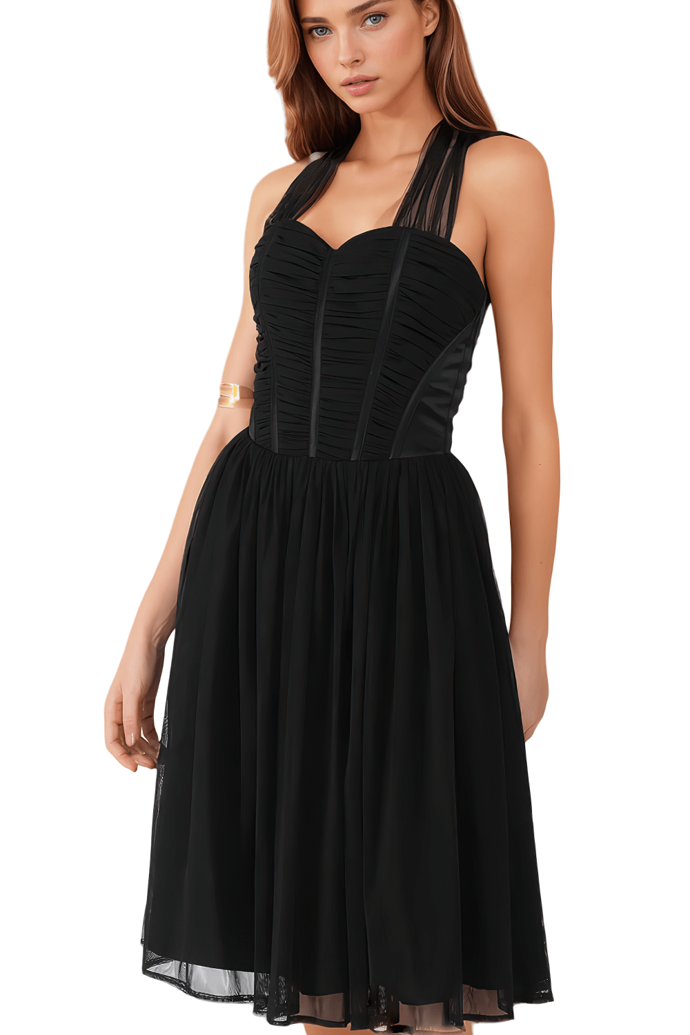 Elegant black corset midi dress with ruched satin bodice and soft net skirt, perfect for evening events.