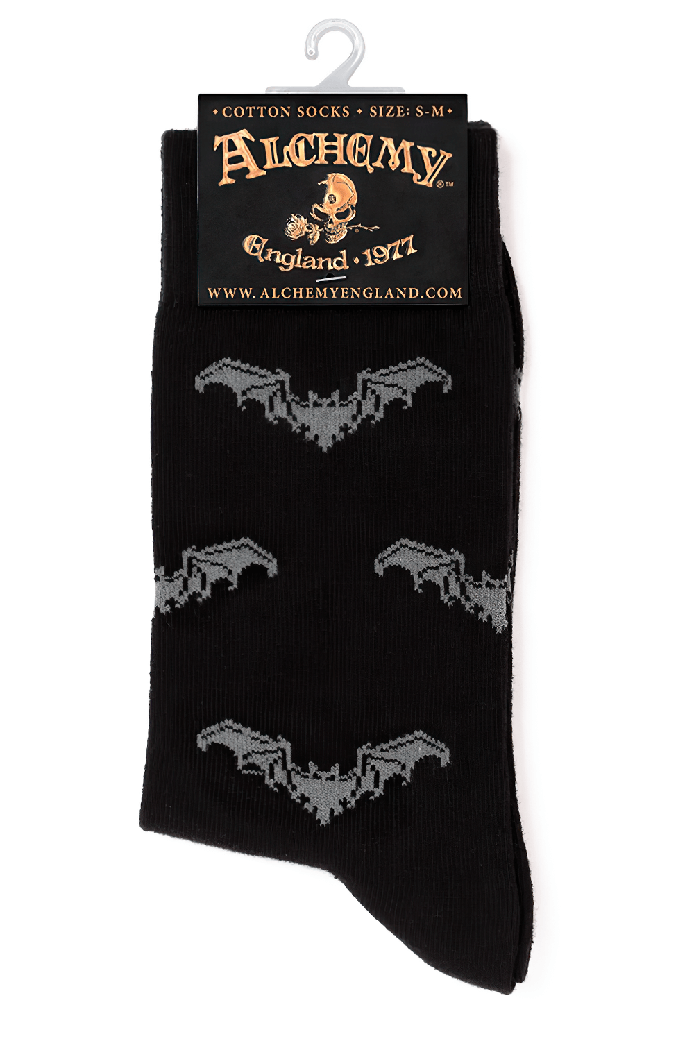 Black cotton socks with grey bat pattern, perfect for goth fashion and Halloween vibes.