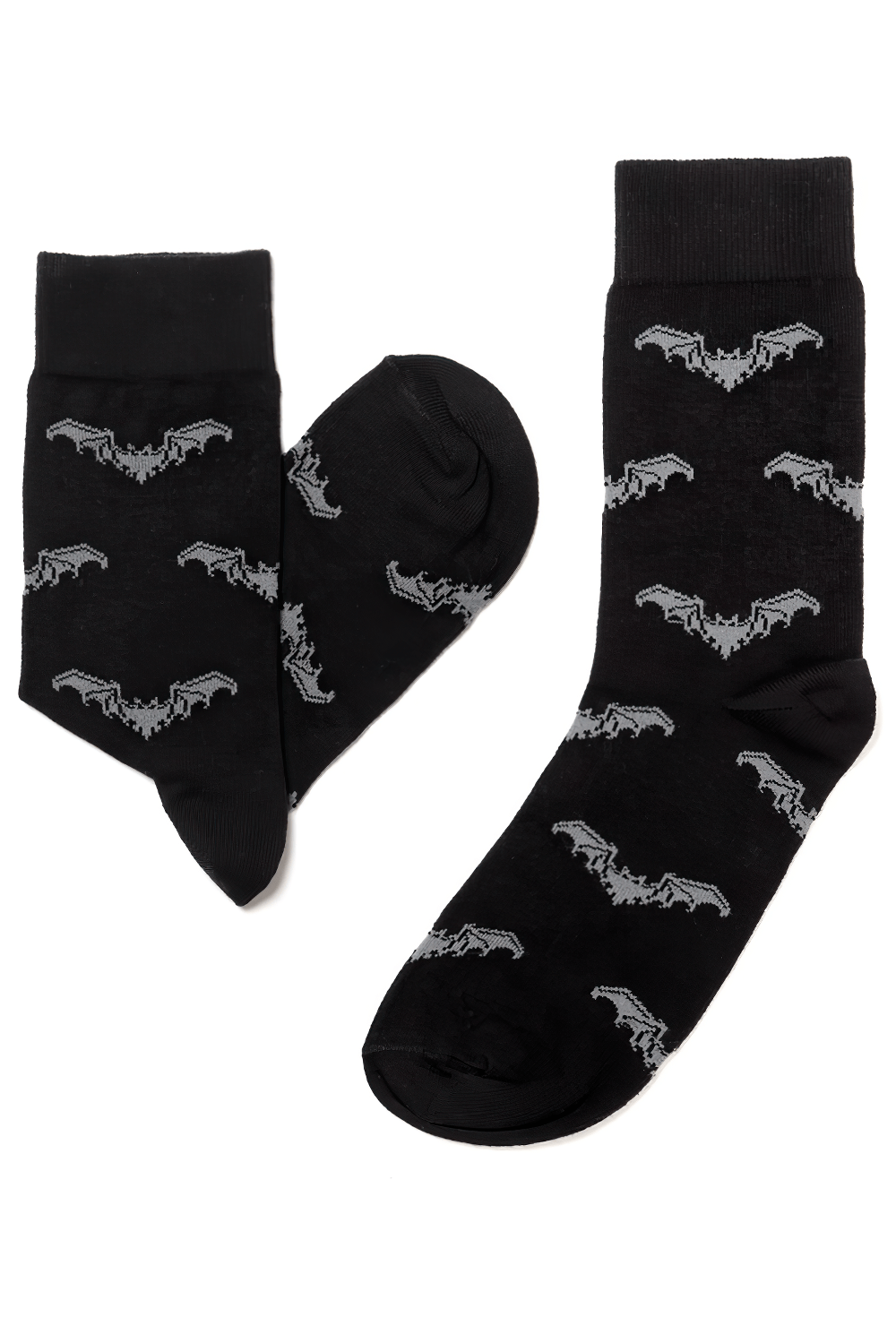 Black cotton socks with a repeating grey bat pattern, perfect for gothic and alternative style lovers.