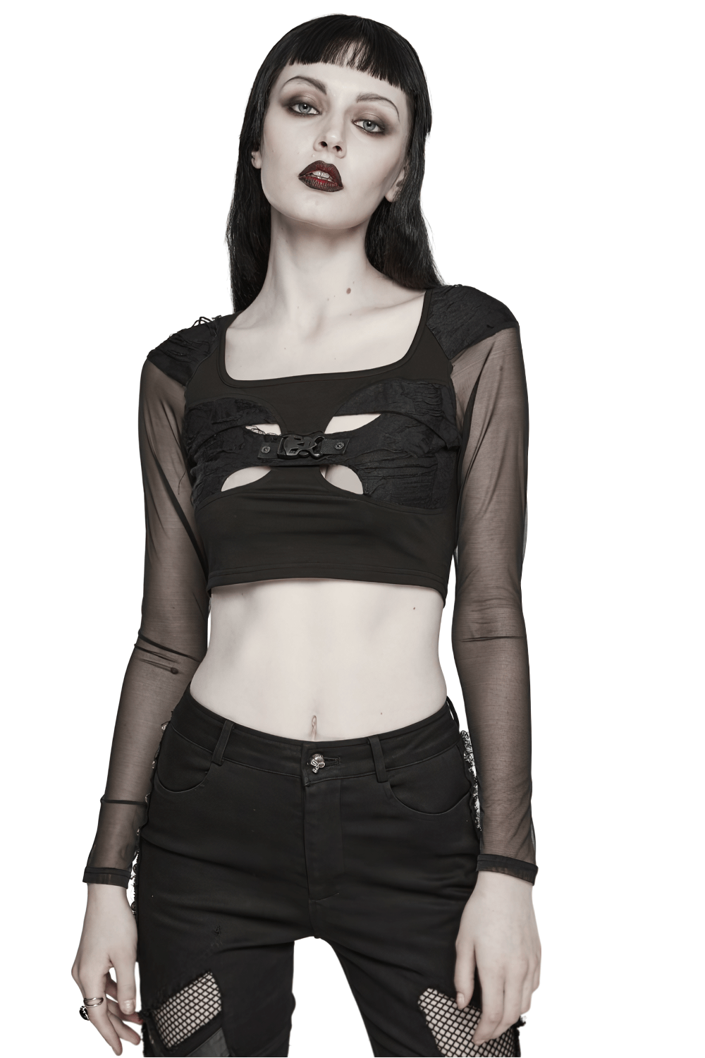 Black Crop Top with Long Mesh Sleeves and Skull Buckle
