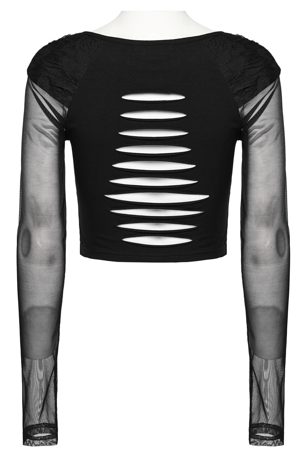 Black Crop Top with Long Mesh Sleeves and Skull Buckle