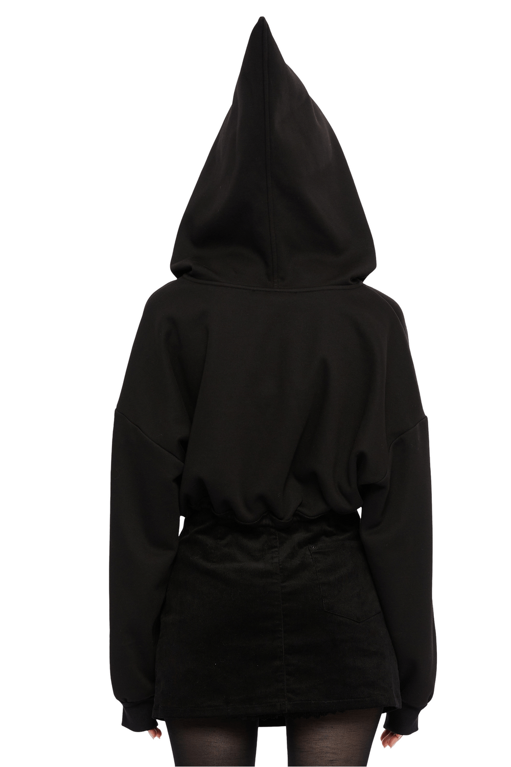 Back view of a black cropped hoodie with a unique wizard hat hood and adjustable drawstring hem, perfect for a punk rave look.