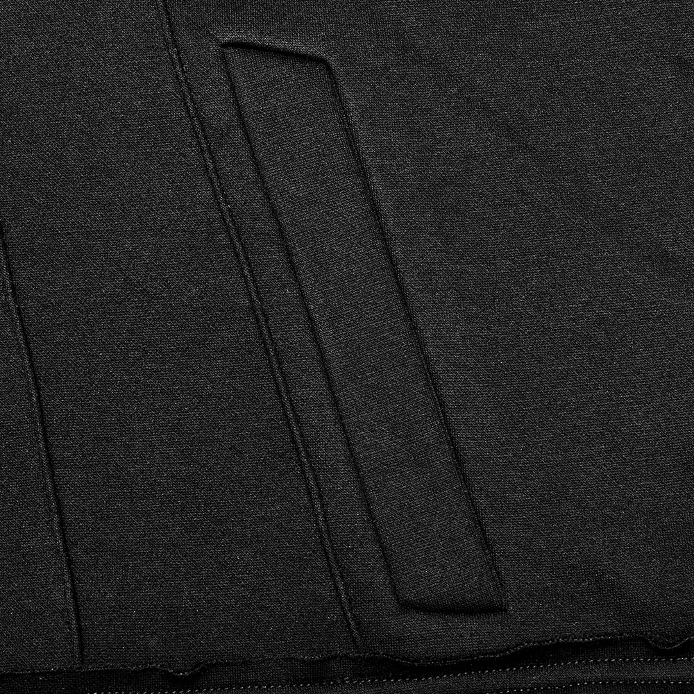 Close-up of the black cropped hoodie fabric, featuring sleek texture and stylish seam details for a punk rave-inspired look.