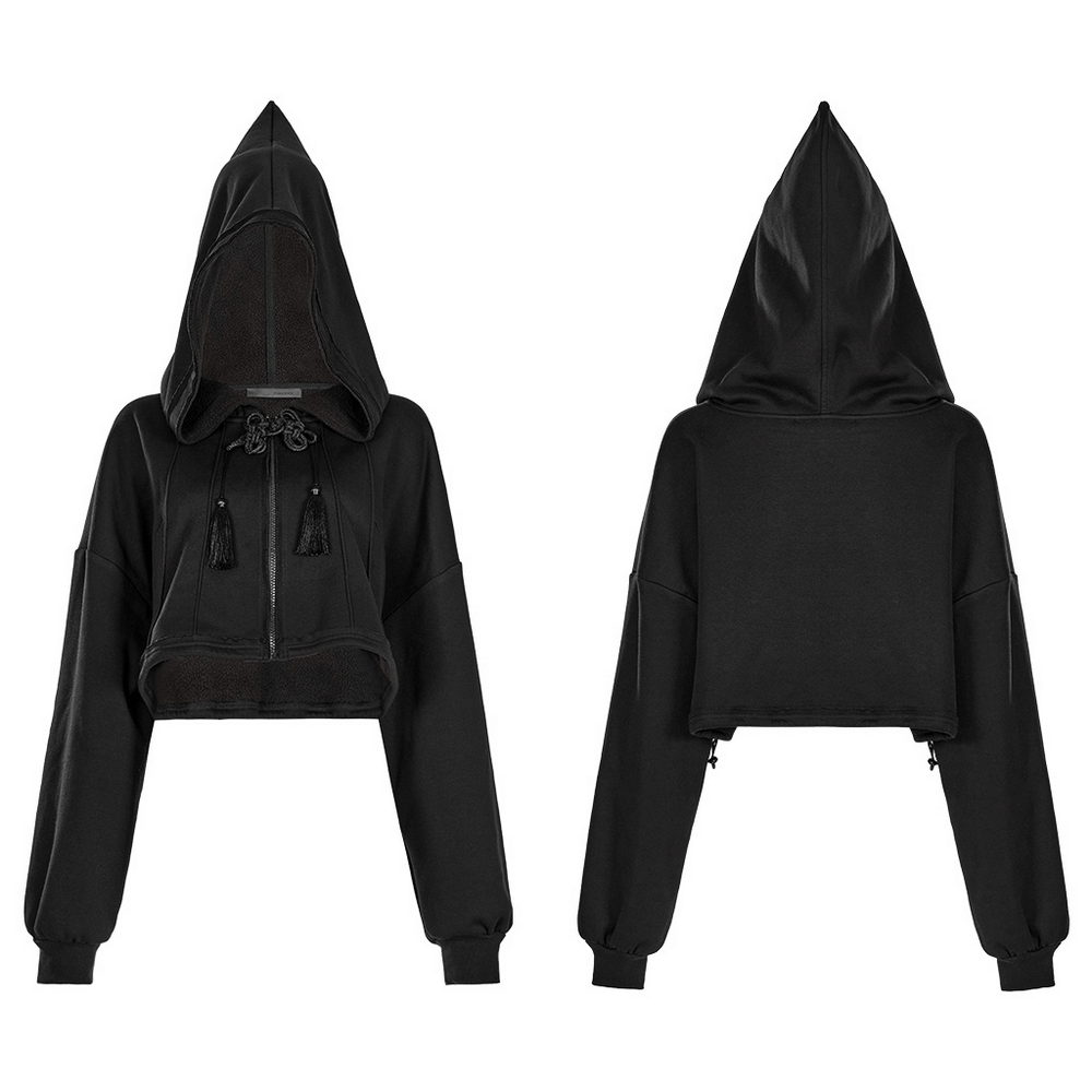 Black cropped hoodie with wizard hat hood, tassel details, and adjustable drawstring for a punk rave style.