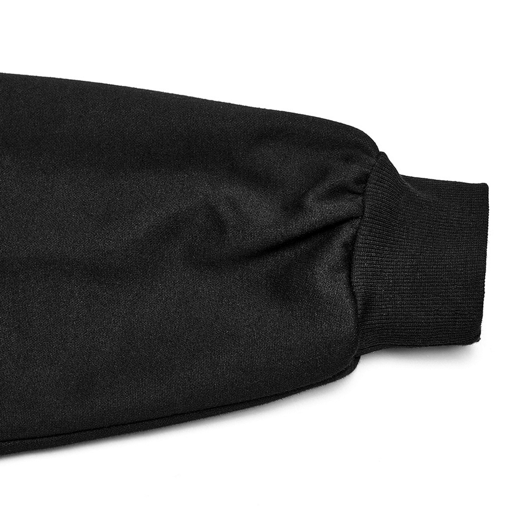 Close-up of the cuff detail on a black cropped hoodie, showcasing the unique fabric and stylish design.