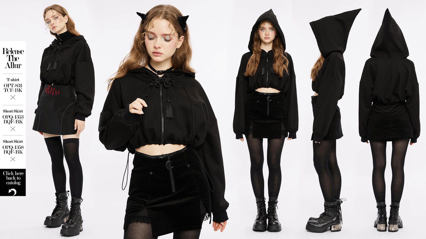 Black cropped hoodie with wizard hood, drawstring hem, and edgy tassel details, perfect for a punk rave look.