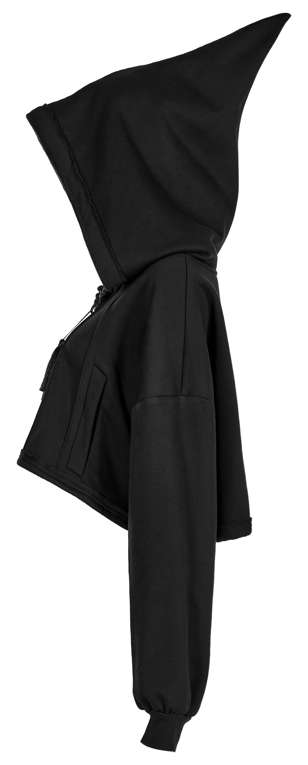 Black cropped hoodie with unique wizard hat hood and drawstring, perfect for channeling your inner magic.