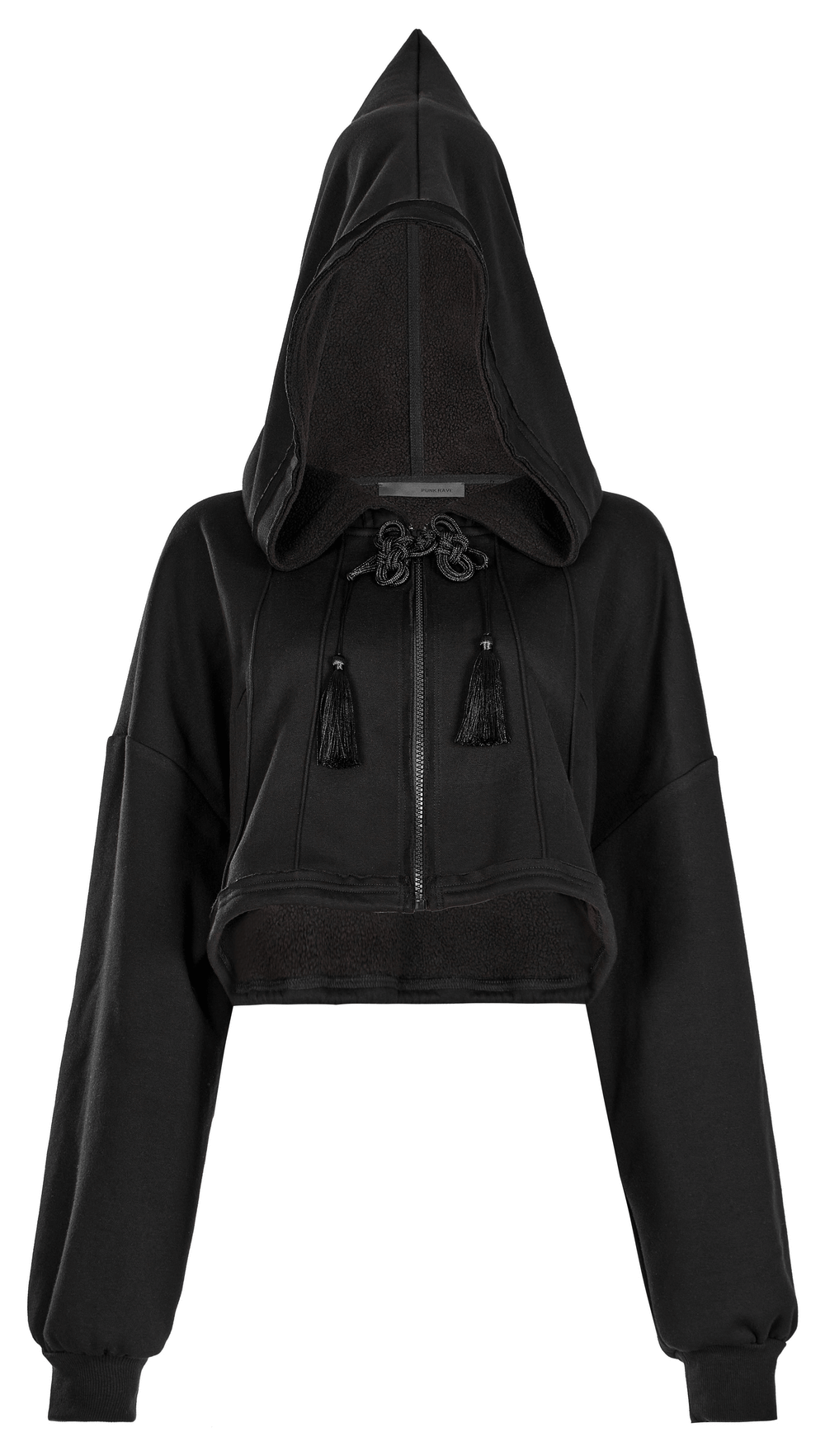 Black cropped hoodie with wizard hat hood, tassel details, and adjustable drawstring hem for a punk rave-inspired look.