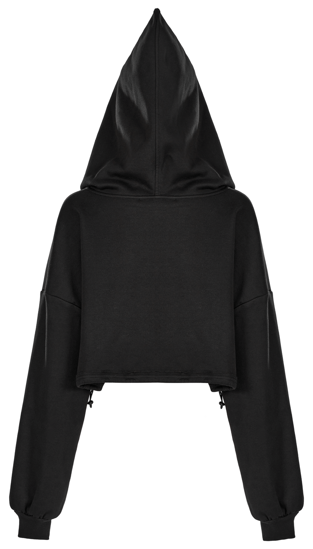 Back view of a black cropped hoodie with an enchanting wizard hat hood and drawstring details.
