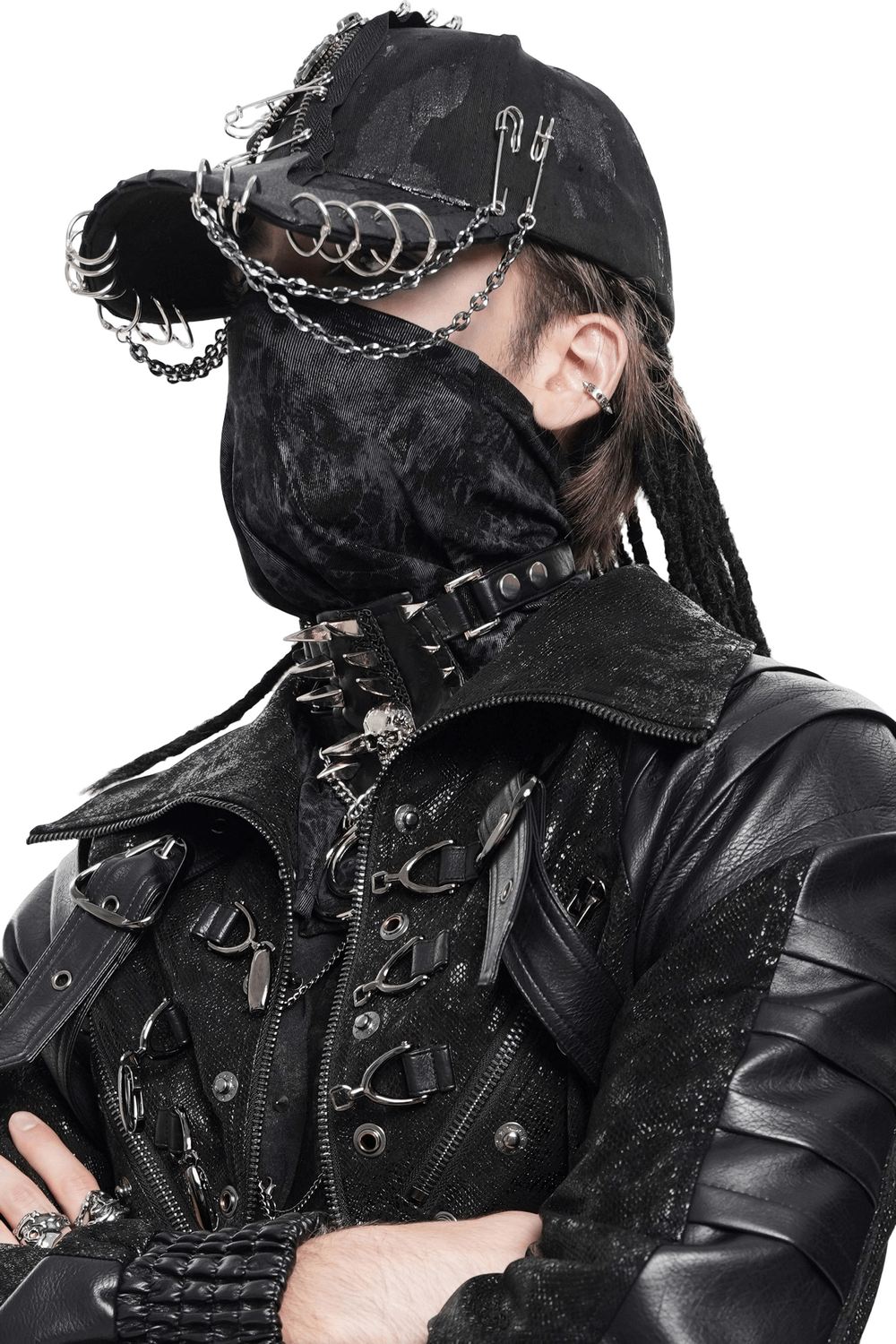 Black Crushed Neck Scarf for Gothic and Alternative Fashion worn with edgy outfit and accessories.