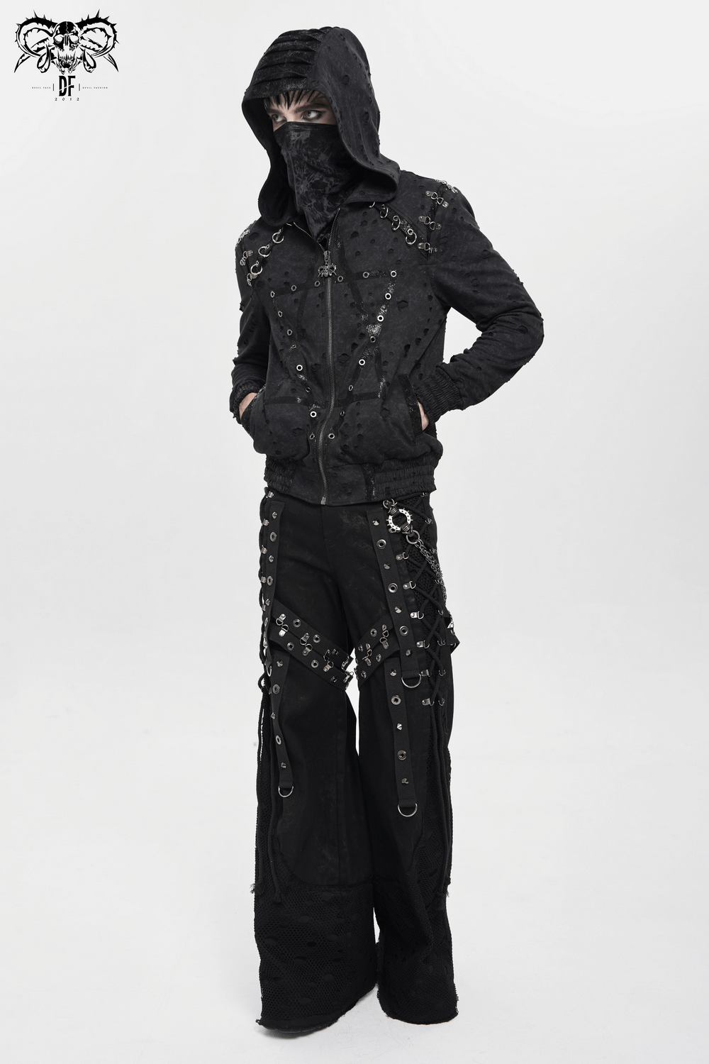 Black Crushed Neck Scarf for Gothic and Alternative Fashion worn with edgy outfit featuring chains and oversized pants.