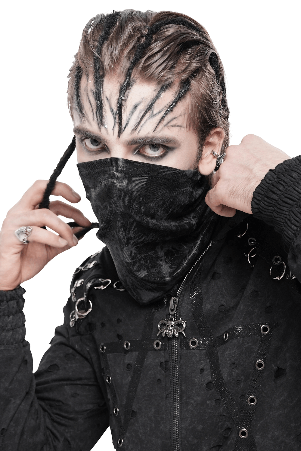 Black Crushed Neck Scarf for Gothic and Alternative Fashion worn by a model with intricate styling and edgy accessories.