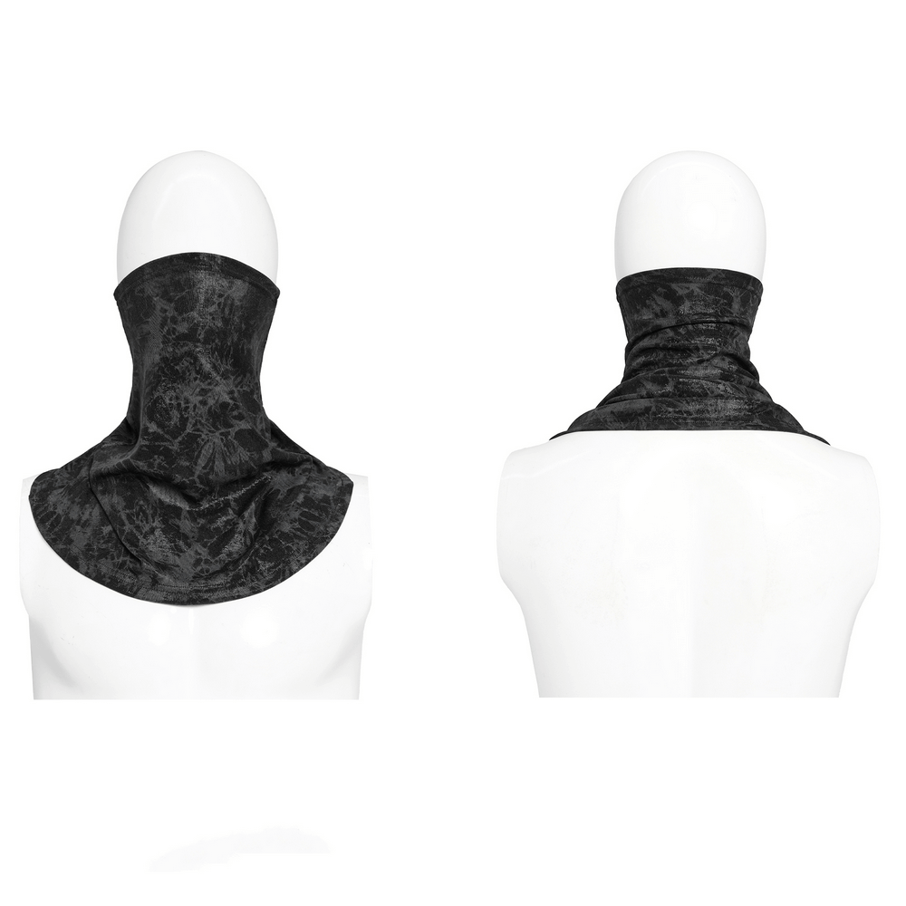 Black Crushed Neck Scarf for Gothic and Alternative Fashion displayed from front and back views on a mannequin.