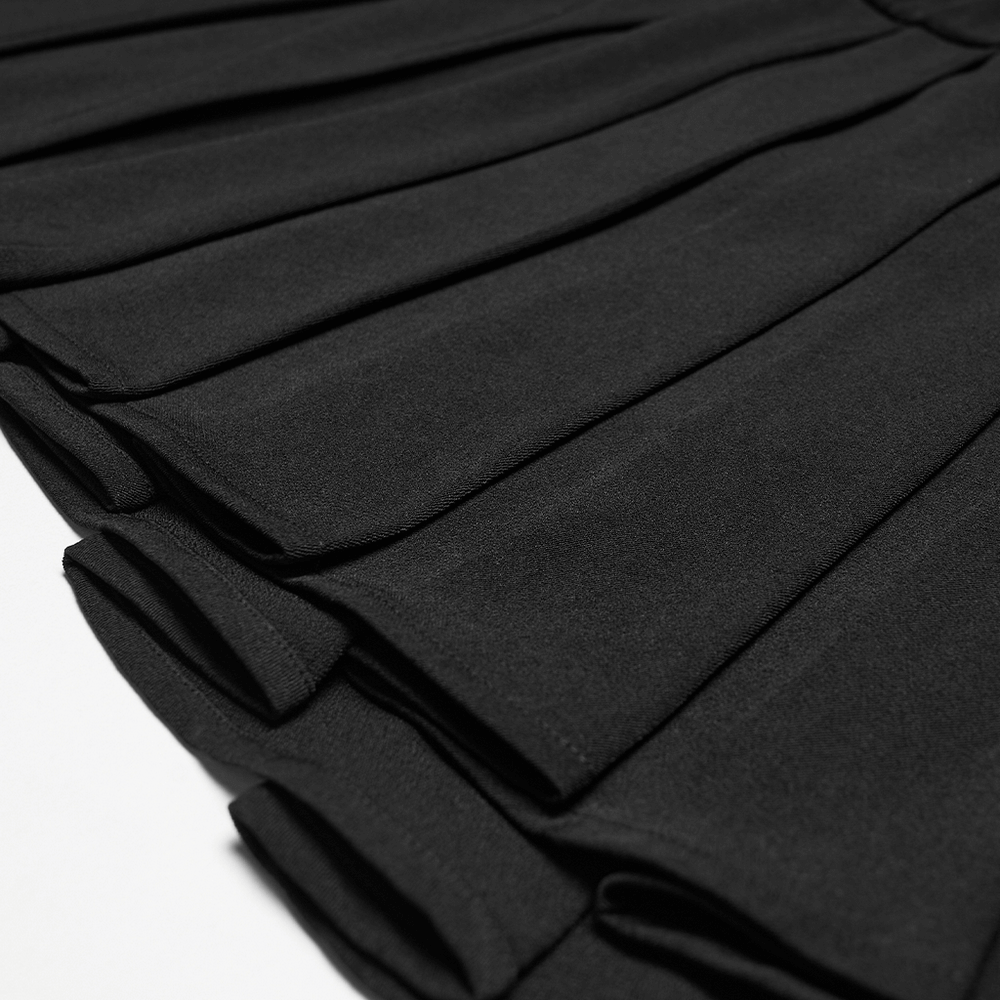 Black Cyberpunk Buckle Waist Pleated Mini Skirt showcasing detailed pleats and texture in black chiffon.