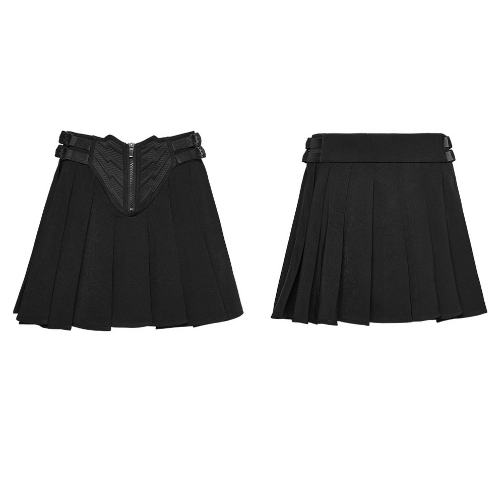 Black Cyberpunk Buckle Waist Pleated Mini Skirt showcasing its sleek design and industrial edge, perfect for streetwear looks.