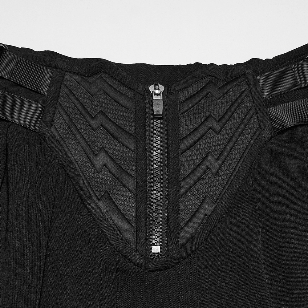 Black Cyberpunk Buckle Waist Pleated Mini Skirt back view showcasing zipper and rubber patch panel details.