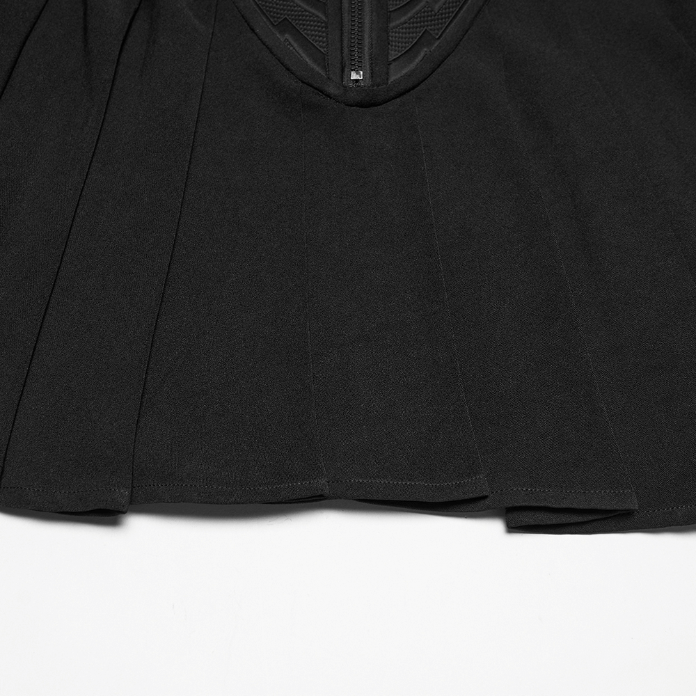 Black Cyberpunk Buckle Waist Pleated Mini Skirt showing pleats and rubber patch panel detail.
