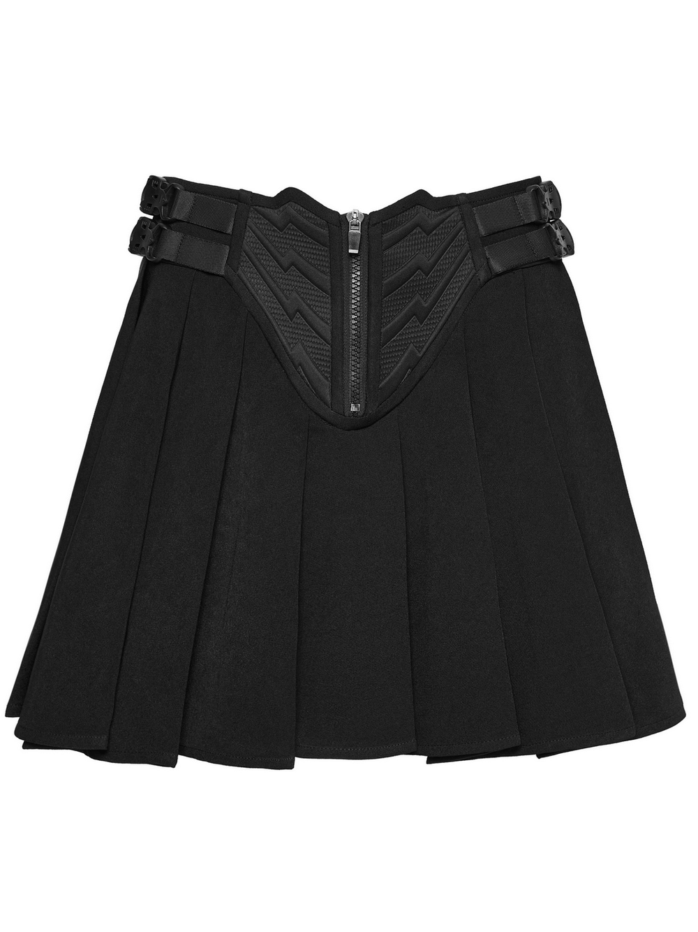 Black Cyberpunk Buckle Waist Pleated Mini Skirt featuring a rubber patch panel and sleek side buckles.