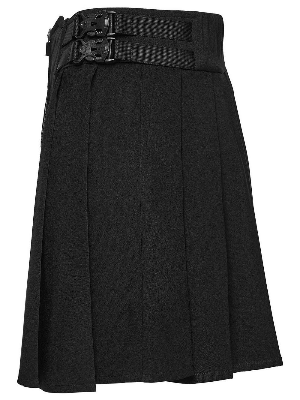Black Cyberpunk Buckle Waist Pleated Mini Skirt showcasing a bold rubber patch panel and side waist buckles.