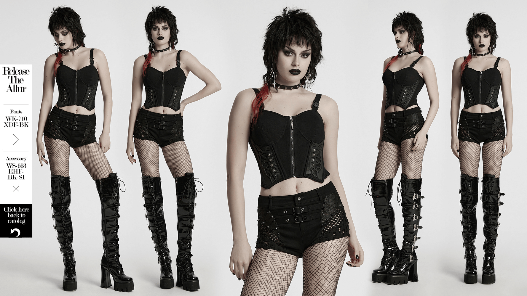 Black cyberpunk corset waistcoat with buckle straps, styled with edgy shorts and knee-high boots.