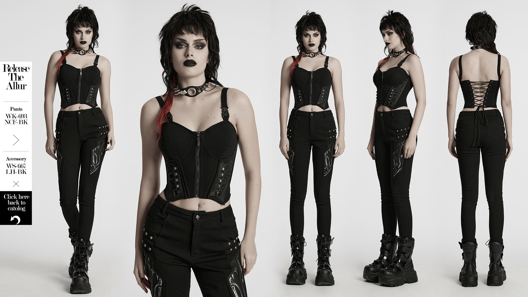 Black cyberpunk corset waistcoat with buckle straps, showcasing a stylish look from multiple angles.