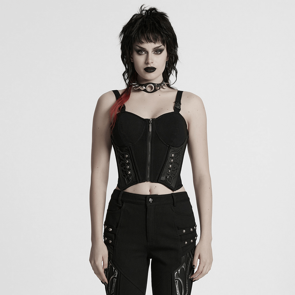 Stylish black cyberpunk corset waistcoat with buckle straps, perfect for edgy fashion looks.