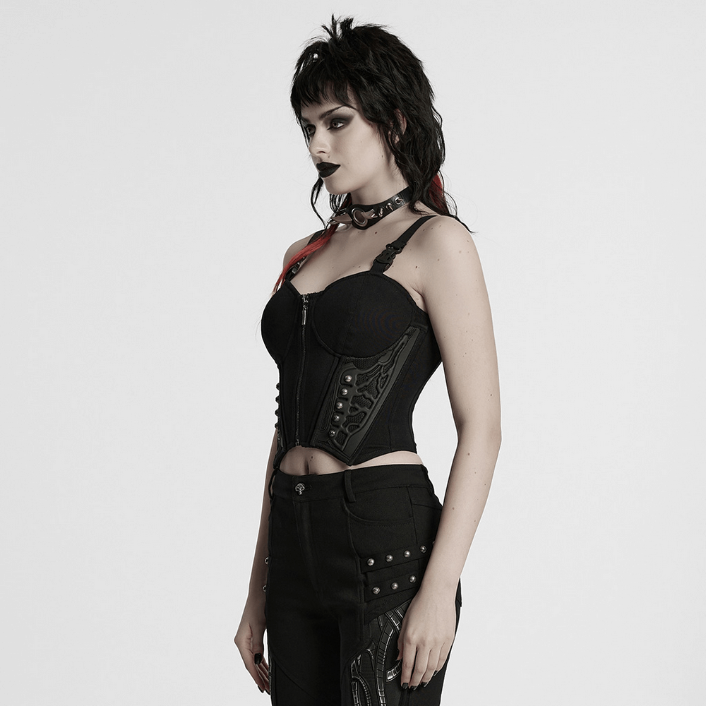 Black cyberpunk corset waistcoat with buckle straps, featuring a fashionable and edgy design for a striking look.