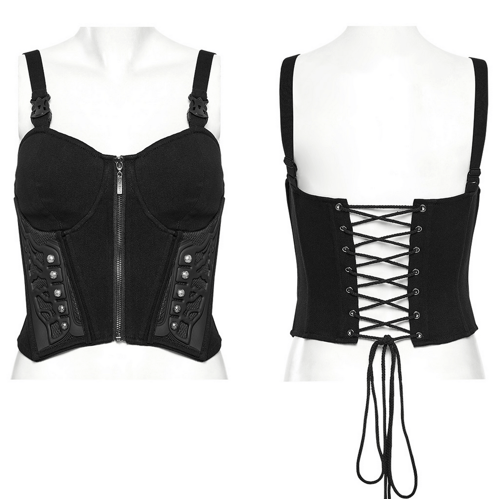 Black cyberpunk corset waistcoat featuring buckle straps and a laced back for a bold fashion statement.