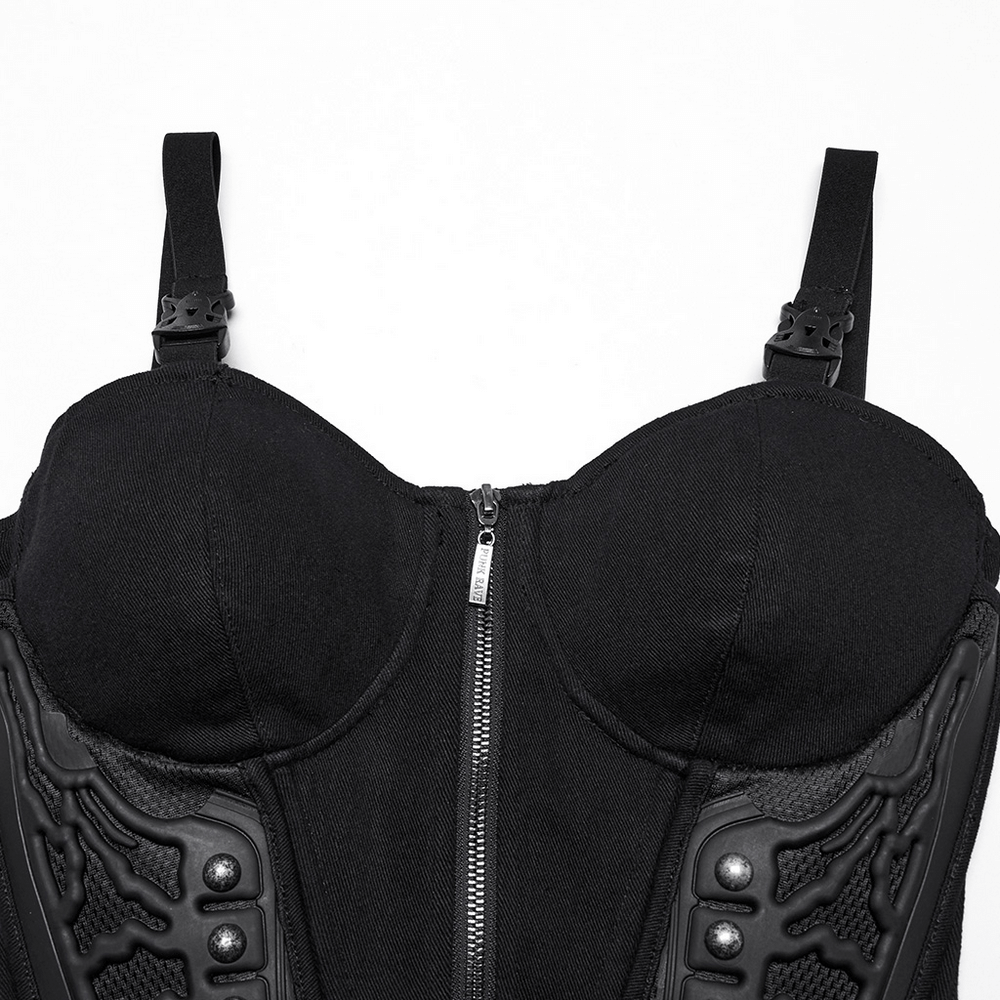 Black cyberpunk corset waistcoat featuring buckle straps and a zip front, perfect for a bold, edgy fashion statement.